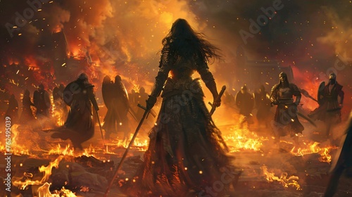 Leading a rebellion a determined fantasy woman rallies her allies with fiery resolve photo