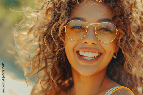 Close up portrait of a beautiful young woman with curly hair and sunglasses