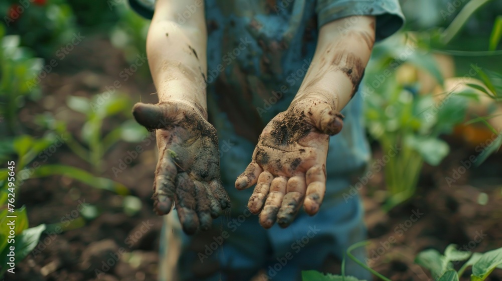 boy showing his hands full of mud or dirt from planting trees boy showing his hands full of mud or dirt from planting trees