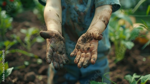 boy showing his hands full of mud or dirt from planting trees