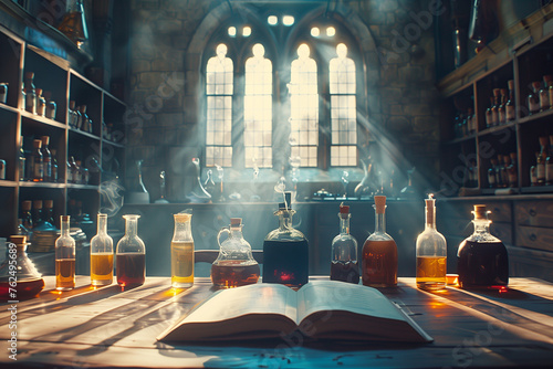 Old book with magic potion in old laboratory
