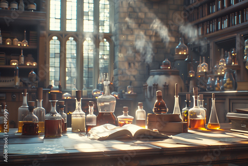 Old book with magic potion in old laboratory photo