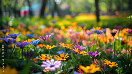 beautiful flower garden, calm peaceful cheerful atmosphere springtime background
