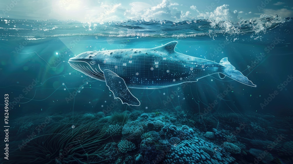 Fototapeta premium Ocean conservation with tech. Digital tracking of marine health. concept. Eco-awareness, green future