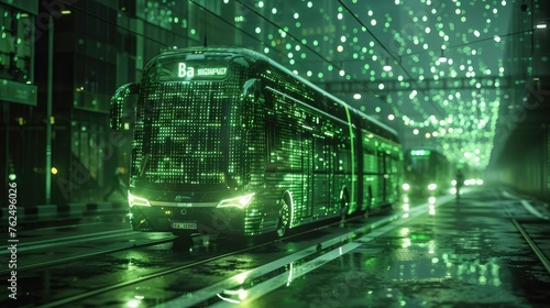 Green public transport systems. Electric buses, digital scheduling. concept. Eco-awareness, green future
