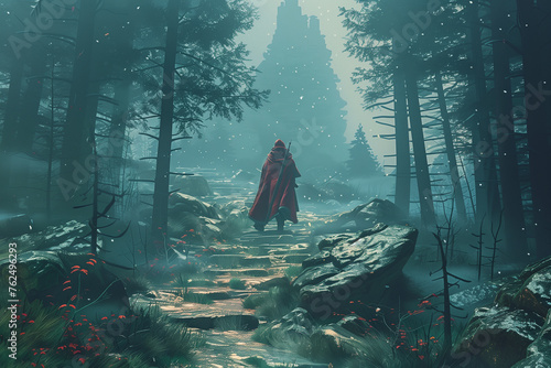 A pilgrim walks through the forest on his way to the castle photo