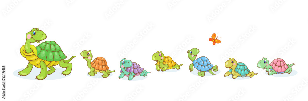 Fototapeta premium Mother turtle and six funny little turtles. Isolated on white background. Vector illustration