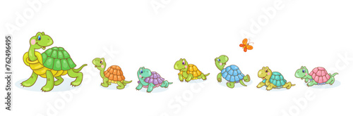 Mother turtle and six funny little turtles. Isolated on white background. Vector illustration