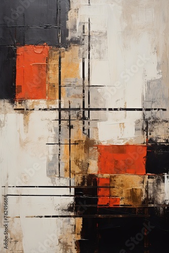 Black and red painting, in the style of orange and beige, luxurious geometry, puzzle-like pieces © Zickert
