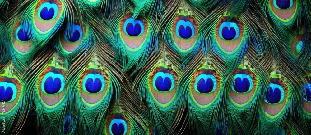 Obraz premium A closeup view of vibrant peacock feathers against a black background showcasing the intricate patterns, symmetry, and electric blue hues of this stunning organism