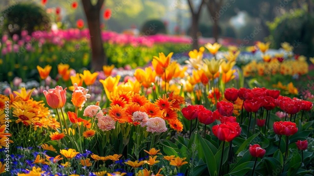 beautiful flower garden, calm peaceful cheerful atmosphere springtime background