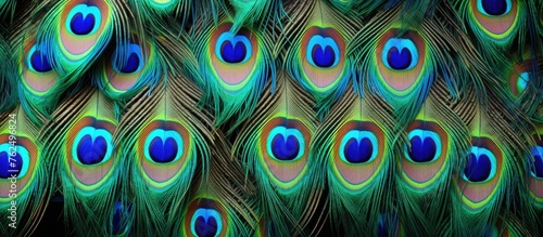A closeup view of vibrant peacock feathers against a black background showcasing the intricate patterns, symmetry, and electric blue hues of this stunning organism © 2rogan