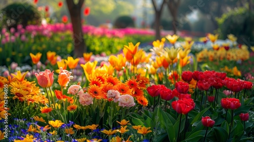 beautiful flower garden, calm peaceful cheerful atmosphere springtime background © SAHURI