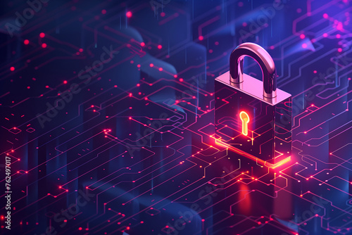 Cyber security concept with padlock on violet background photo