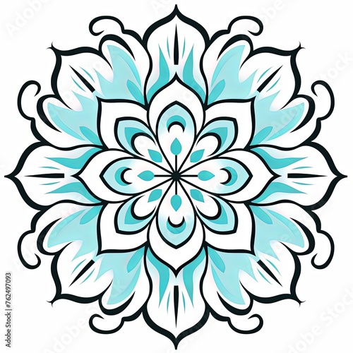 Blank cyan page with very simple single flower mandala outline design border