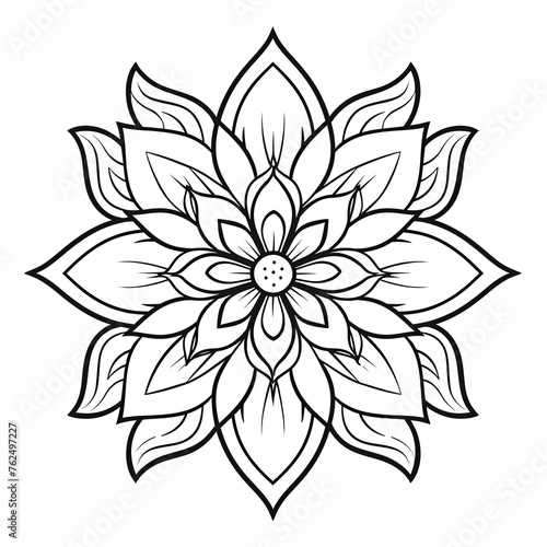 Blank gray page with very simple single flower mandala outline design border