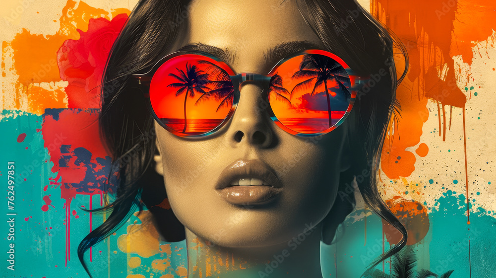 Obraz premium Retro Woman with Sunglasses Paper Collage Art Summer Tropical Palm Tree Travel Pop Art Background
