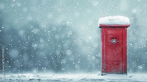 Vintage red postbox in a snowy landscape under a tranquil wintery sky