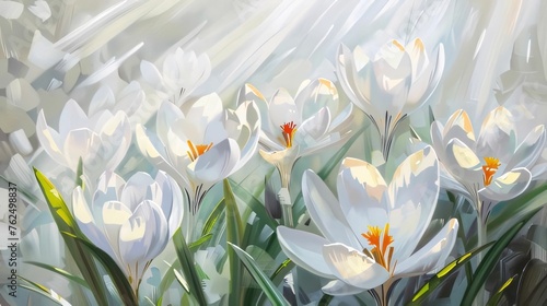 Illustration of sun rays falling on white daffodils. Flowering flowers, a symbol of spring, new life.