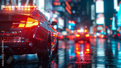 Dynamic police car with vivid lights reflecting on wet city streets at night