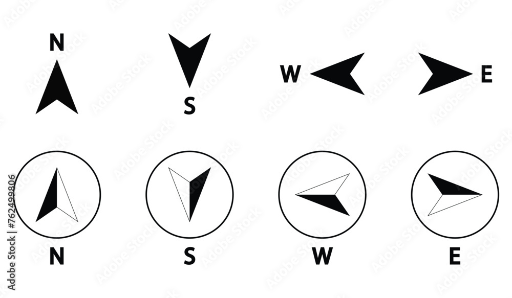 Compass icons set of north, south, east and west direction. Map symbol. Arrow icon. Four arrows pointing in different directions. Vector illustration. - obrazy, fototapety, plakaty 