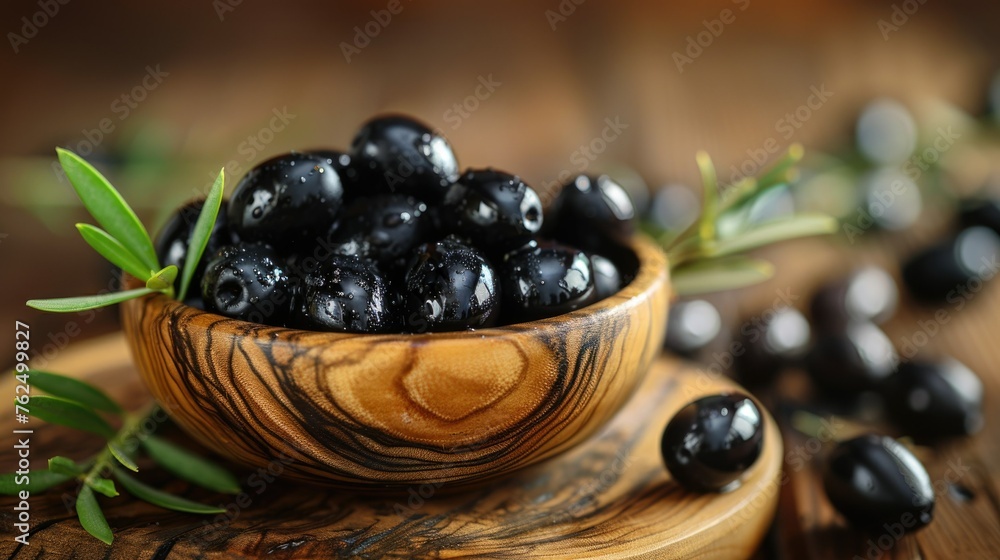 Wooden Bowl Filled With Black Olives on Wooden Table Wooden Bowl Filled With Black Olives on Wooden Table