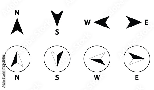 Compass icons set of north, south, east and west direction. Map symbol. Arrow icon. Four arrows pointing in different directions. Vector illustration.