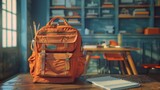 School bag overflowing with colorful notebooks and pens against a soft bokeh background