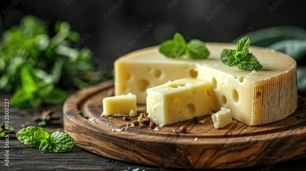 A Piece of Cheese on a Wooden Plate