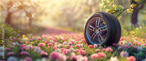 Car Tire Among Spring Flowers with Golden Sunset Light 