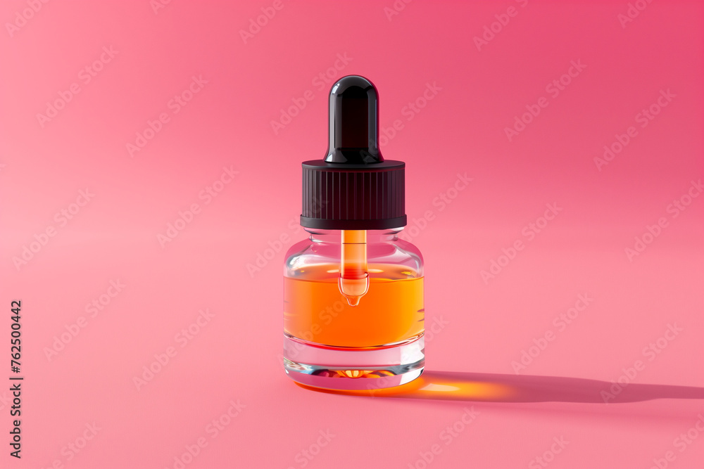 Glass dropper bottle with pipette on pink background Glass dropper bottle with pipette on pink background