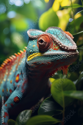 Close-Up of a Colorful Chameleon in Lush Greenery 