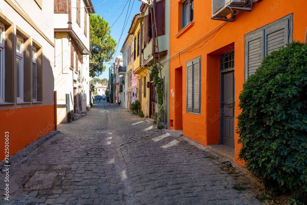 Balikesir, Ayvalık TURKEY. July 26, 2022.  Ayvalik Town old streets view. Ayvalik is populer tourist destination in Turkey.