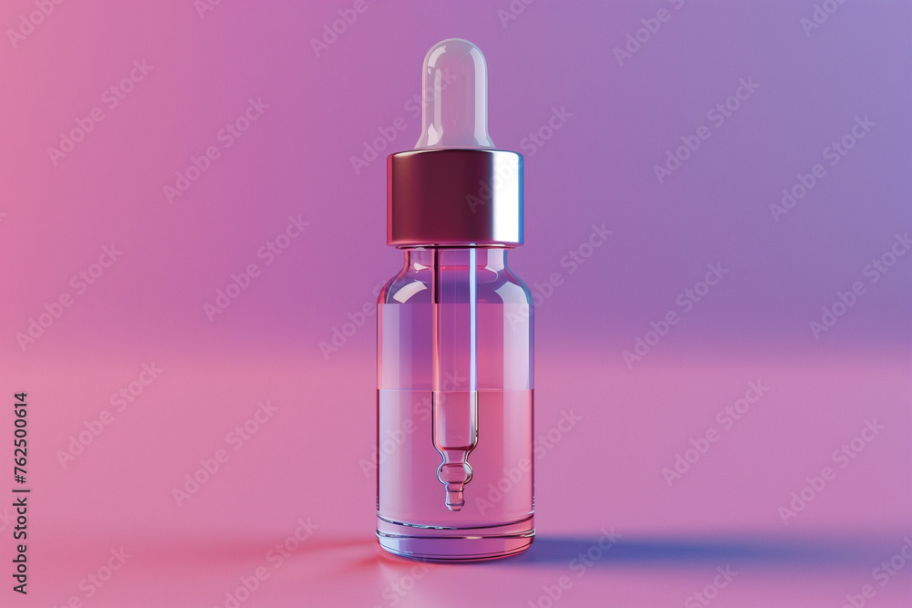 Glass dropper bottle with pipette on pink background Glass dropper bottle with pipette on pink background