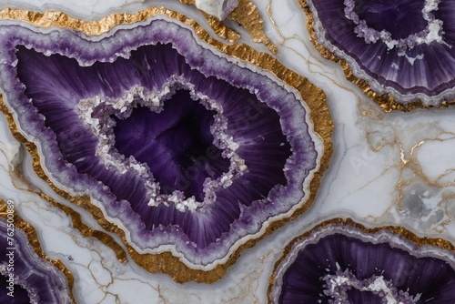 purple geode stone with crystals on white marble background