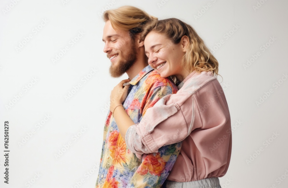 Joyful Couple in Colorful Shirts Sharing a Serene Moment Joyful Couple in Colorful Shirts Sharing a Serene Moment