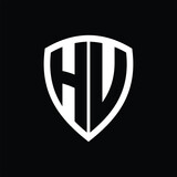 HU monogram logo with bold letters shield shape with black and white color design