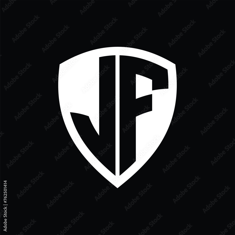 JF monogram logo with bold letters shield shape with black and white color design JF monogram logo with bold letters shield shape with black and white color design