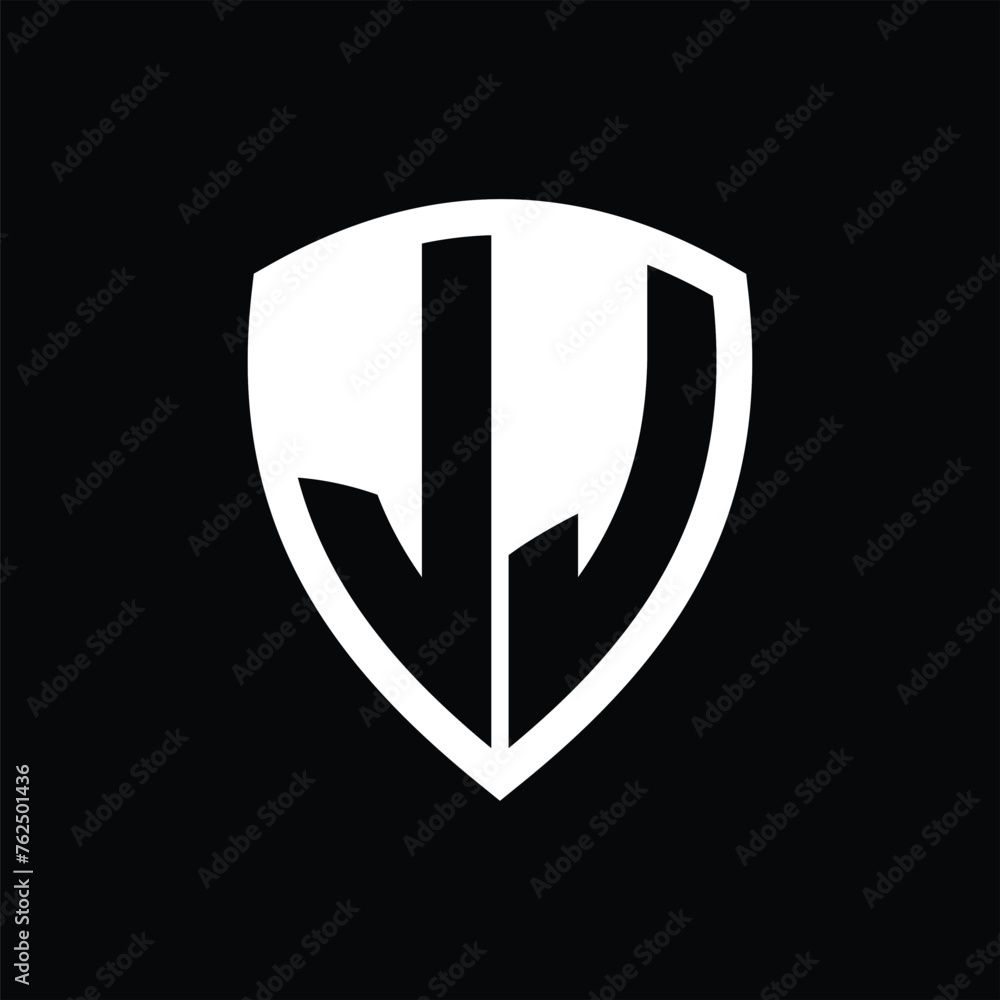 JJ monogram logo with bold letters shield shape with black and white color design JJ monogram logo with bold letters shield shape with black and white color design