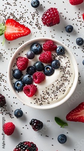 Yogurt berries bowl a harmonious mix of creamy yogurt and assorted fresh berries sprinkled with chia seeds