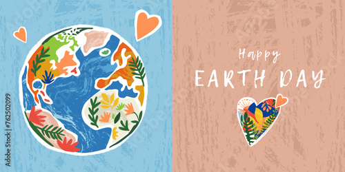 Happy Earth Day greeting card, cover, web banner. Trendy and cute hand drawn Eco poster on the theme of caring for nature and planet Earth. Make every day Earth day. Art style design template
