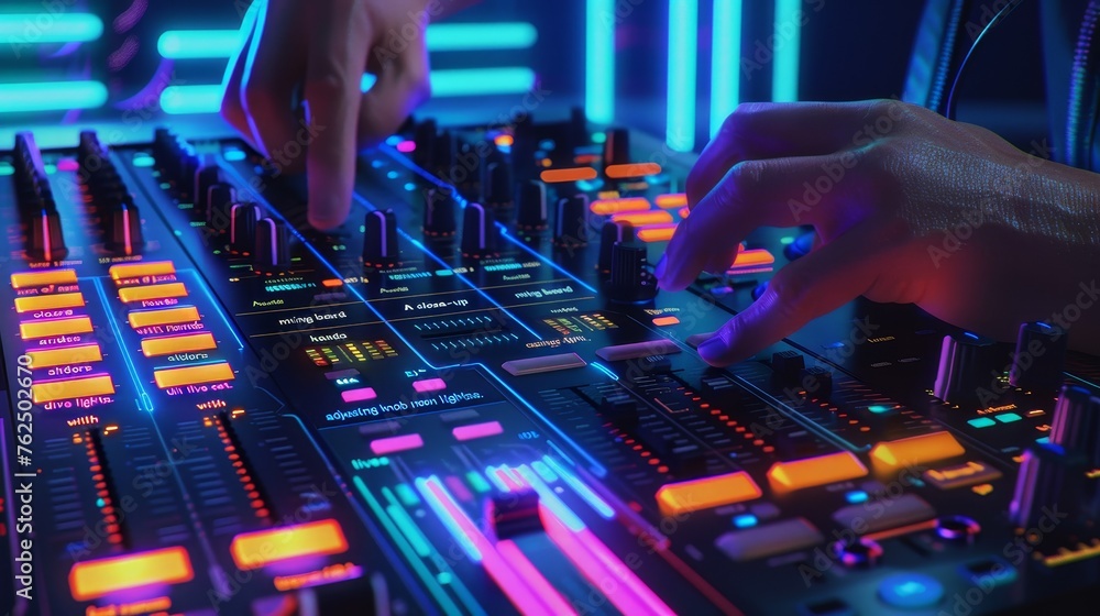 Vibrant DJ Set CloseUp of Hands Mixing Music on Neon Lit Soundboard Vibrant DJ Set CloseUp of Hands Mixing Music on Neon Lit Soundboard