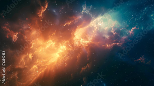 An awe-inspiring cosmic scene portraying the biblical act of creation with vibrant clouds and contrasting light symbolizing the separation of light from darkness.