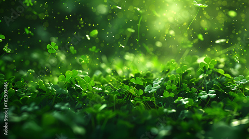St Patrick's Day background, Lucky Irish Four Leaf Clover in the Field for St. Patrick's Day, Carpet of Clover, Generative Ai 