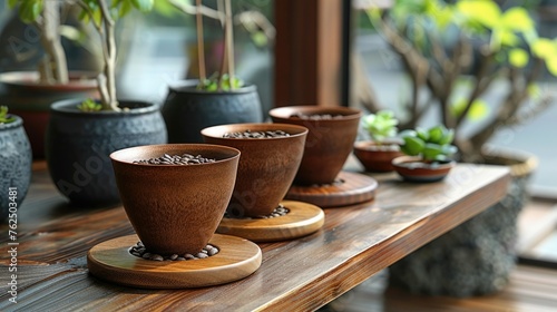 Row of Potted Plants on Wooden Table