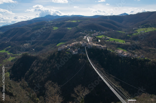 Panoramic view of the highest Tibetan bridge in Europe in the small town of Sellano, Umbria region, Italy