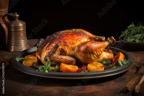 Tasty roast chicken on a rustic plate against a painted acrylic background
