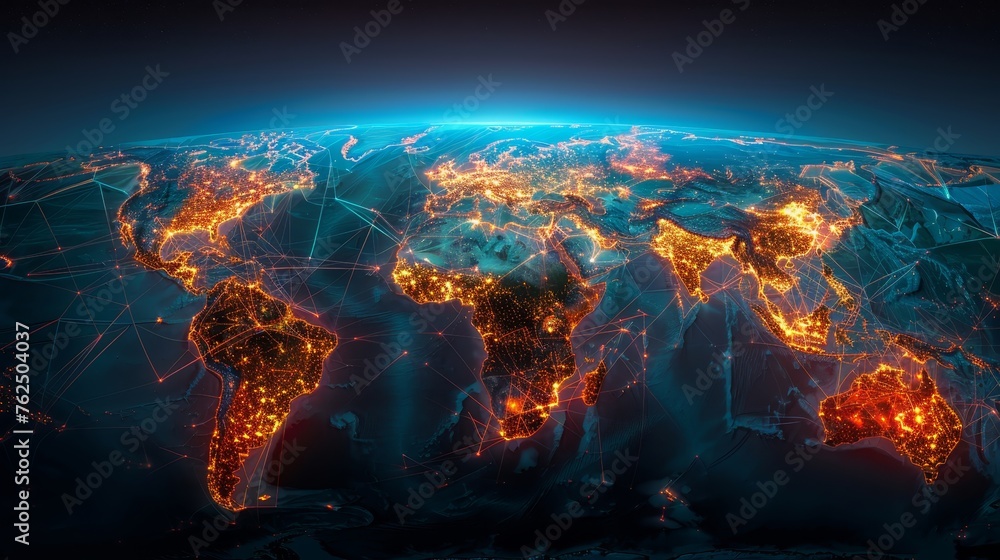 A digital composite highlighting global connectivity with illuminated network lines and data exchanges over a night-time Earth. - obrazy, fototapety, plakaty 