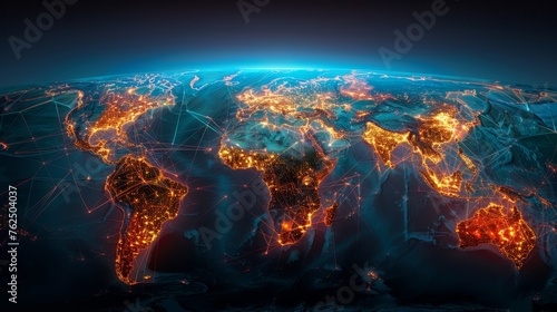 A digital composite highlighting global connectivity with illuminated network lines and data exchanges over a night-time Earth.