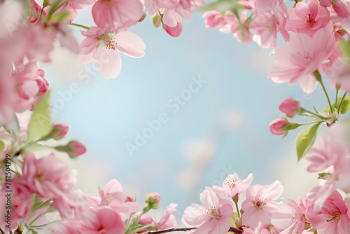 Frame with spring pink flowers and leaves on blue background. Mothers day  Easter  Valentine day. Springtime flat lay composition with copy space. Romantic backdrop for wedding greeting card  banner